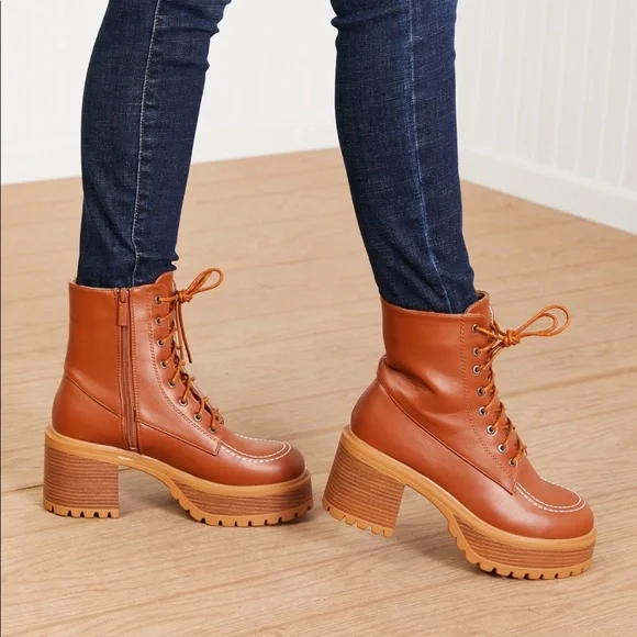 Lace Up Tan Platform Fall Boots - Picture 5 of 9